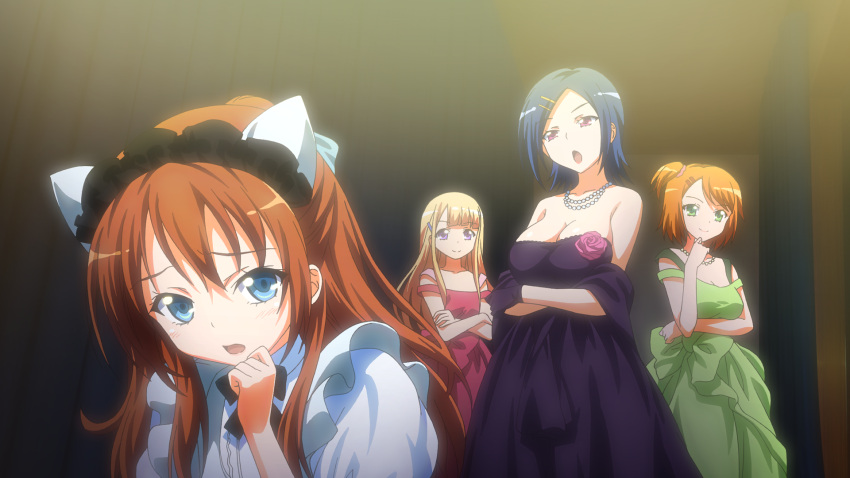 aorio, blonde_hair, blue_eyes, blue_hair, breasts, brown_hair, cleavage, crossed_arms