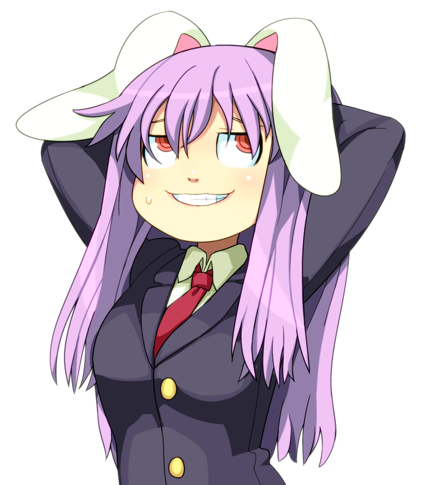 1girl, arms_behind_head, arms_up, bunny_ears, buttons, flat_gaze, formal, grin