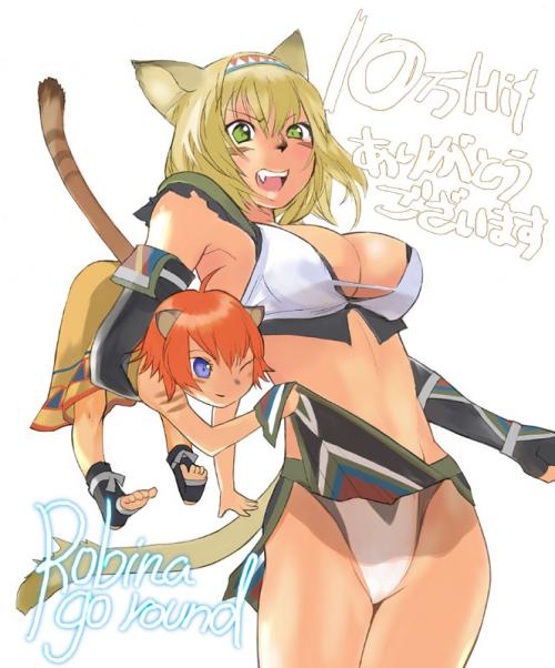 ahoge, bikini, blonde_hair, blue_eyes, catgirl, elbow_gloves, fang, ff11, ffxi, final_fantasy, final_fantasy_xi, game, gloves, green_eyes, mithra, nekomimi, redhead, robina_go_round, tattoo
