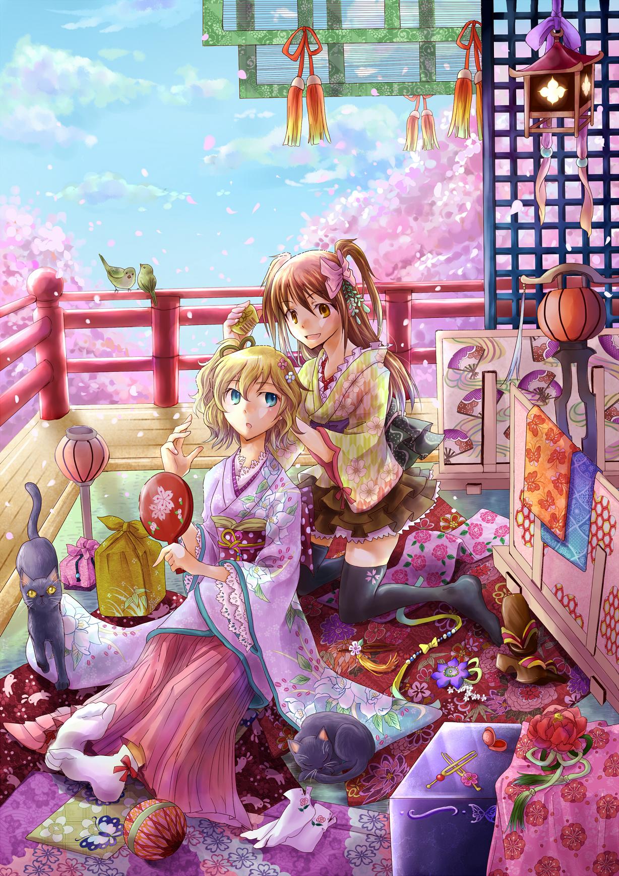 black_cat, black_legwear, blonde_hair, blue_eyes, brown_eyes, brown_hair, butterfly, cat