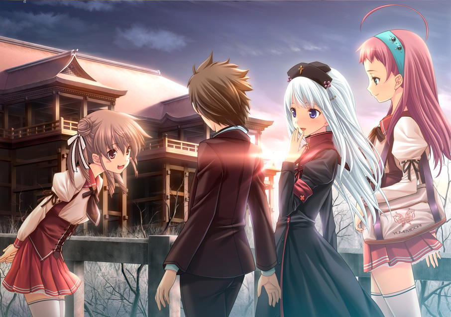 3girls, antenna_hair, bag, blue_eyes, blue_hair, blush, brown_eyes, brown_hair