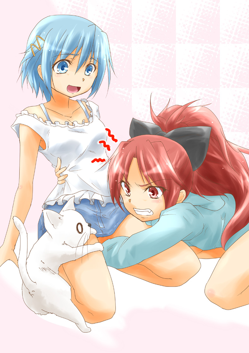angry, blue_eyes, blue_hair, blush, bow, cat, growling, hair_bow