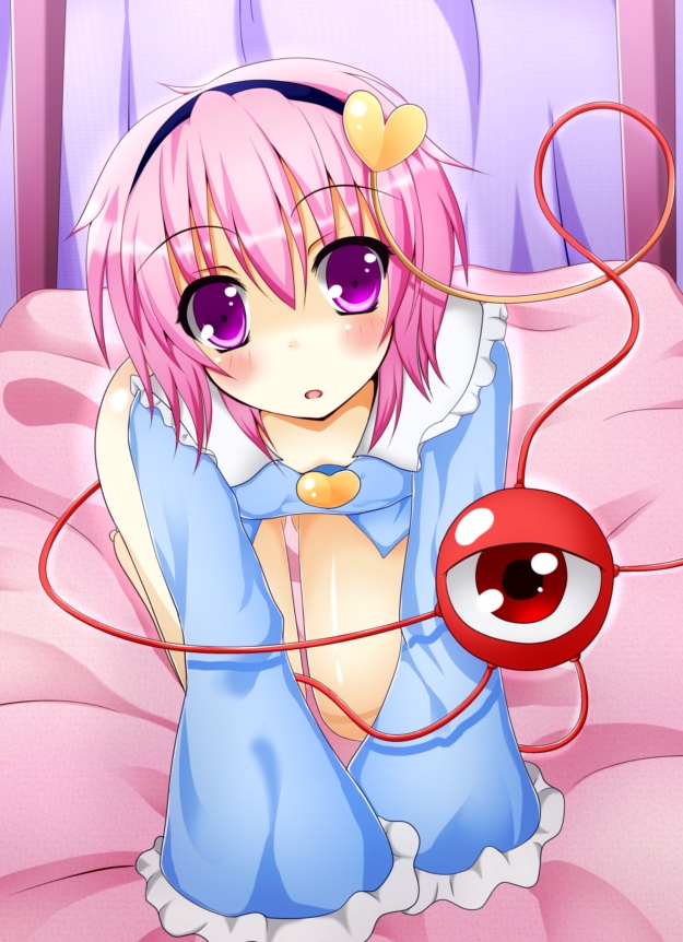 bare_legs, barefoot, blush, hairband, heart, i-da, komeiji_satori, long_sleeves