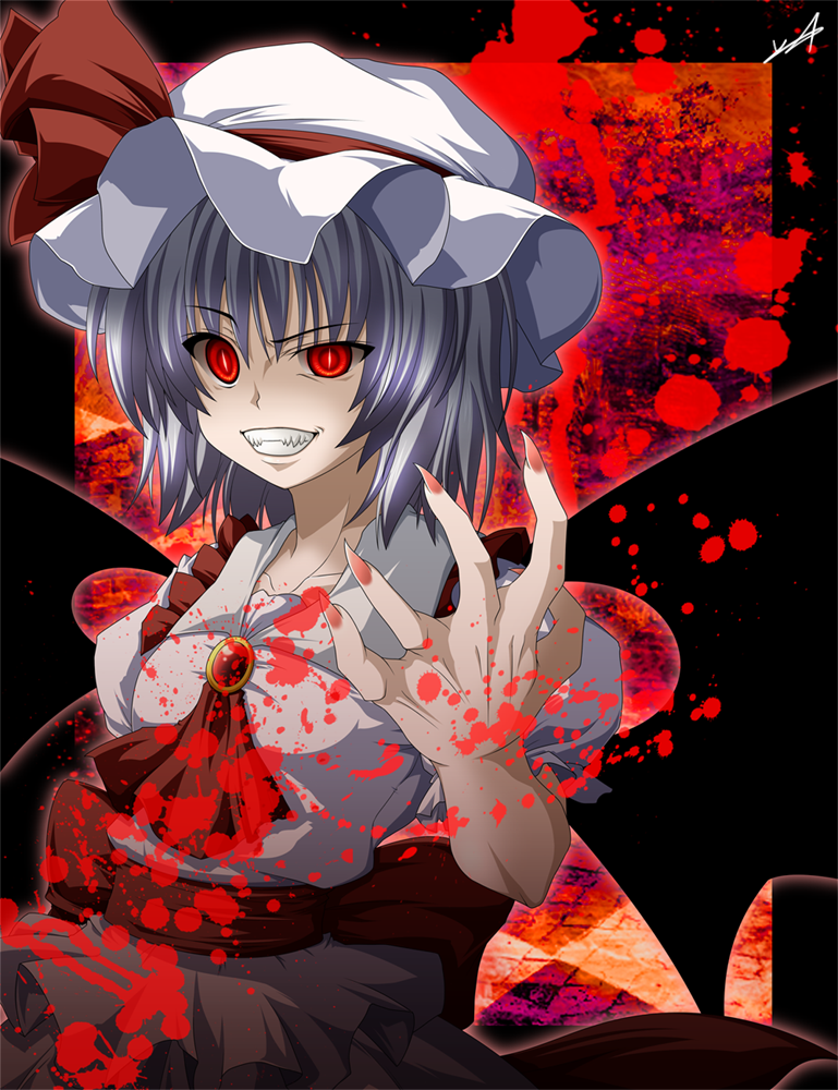 ascot, bat_wings, clenched_teeth, collarbone, fingernails, haru-yua, hat, hat_ribbon
