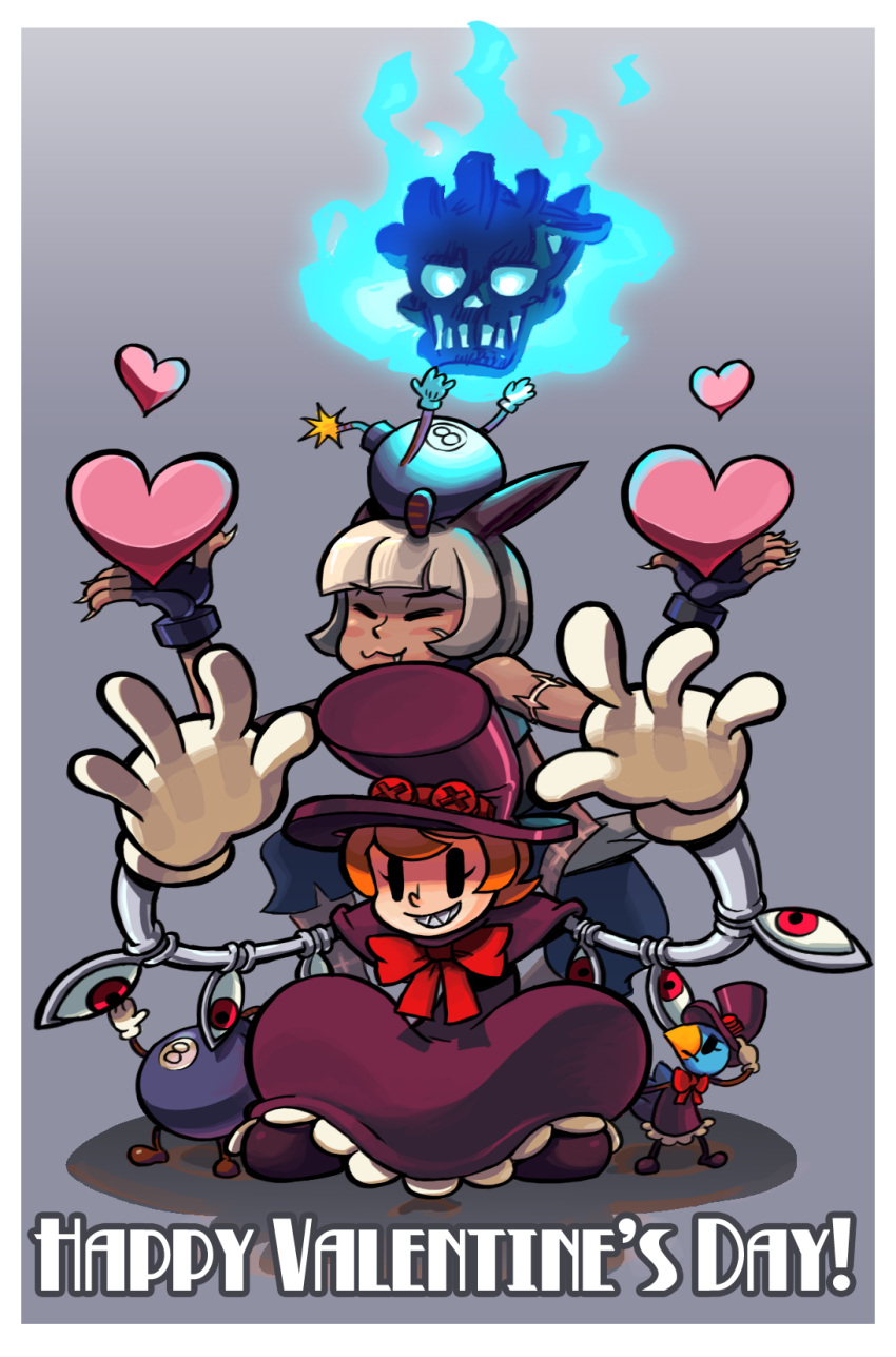2girls, :3, animal_ears, avery_(skullgirls), black_eyes, blush_stickers, bob_cut, bomb