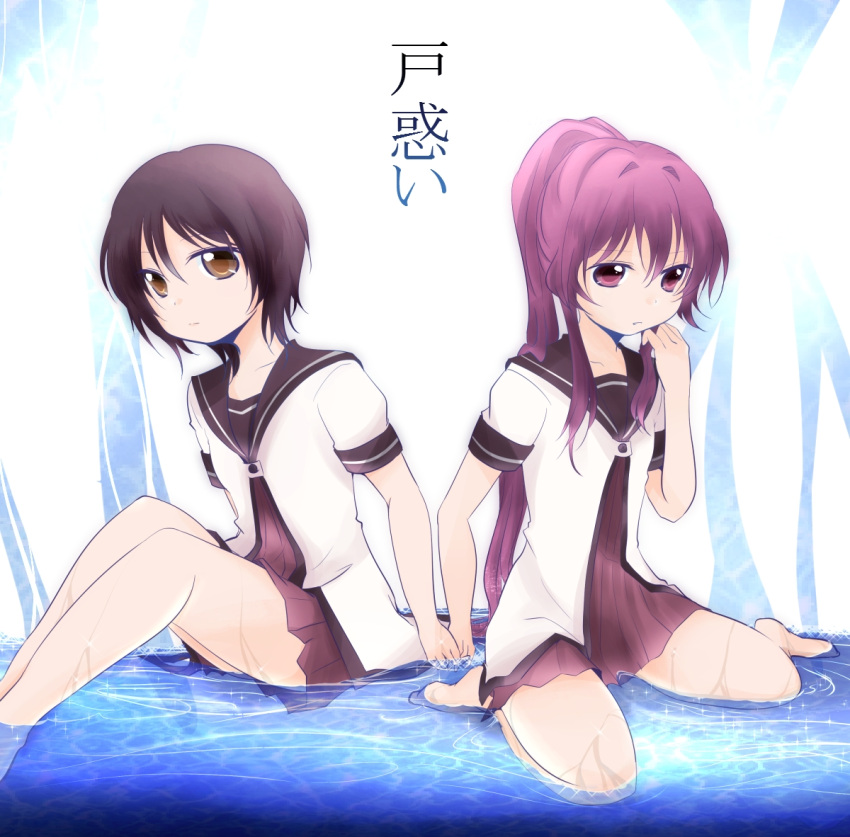 black_hair, brown_eyes, funami_yui, long_hair, multiple_girls, ponytail, purple_eyes, purple_hair, school_uniform, serafuku, short_hair, sugiura_ayano, tagawa_maru, violet_eyes, yuru_yuri