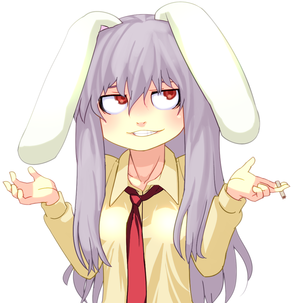 animal_ears, bunny_ears, bust, cigarette, dress_shirt, flat_gaze, grin, hospital_king, kimonge, looking_away, necktie, purple_hair, rabbit_ears, red_eyes, reisen_udongein_inaba, shirt, shrug, simple_background, smile, solo, teeth, touhou, white_background