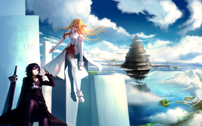 1girl, aincrad, asuna_(sao), black_hair, blackrabbitsoul, blonde_hair, cloud, clouds