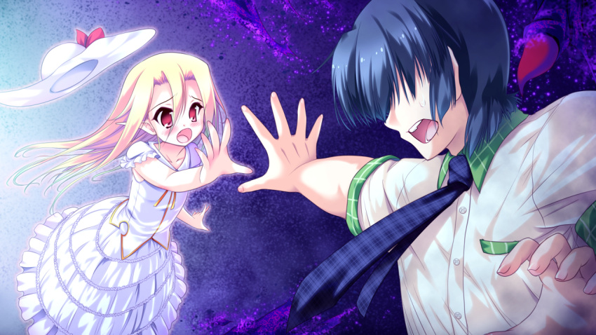 black_hair, blonde_hair, blush, character_request, colorful_cure, dress, etoiles, game_cg