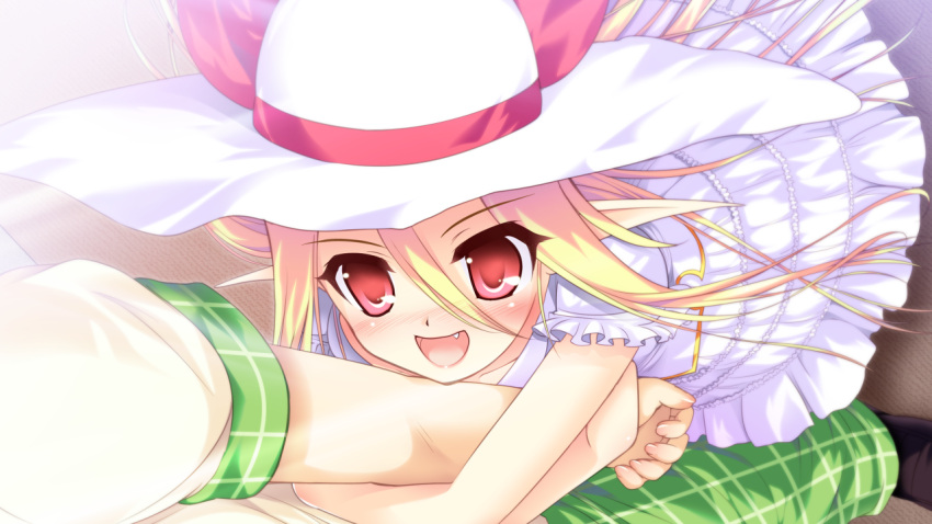 blonde_hair, blush, colorful_cure, dress, etoiles, fang, game_cg, hat, long_hair, moric, red_eyes, vampire, vermillion_vera_raihonen