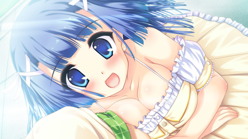 blue_eyes, blue_hair, blush, cleavage, colorful_cure, dress, etoiles, game_cg, long_hair, moric, no_bra, sakuramiya_aoi