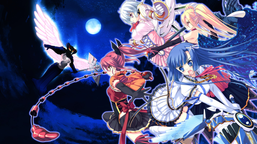 arusu_makina, blonde_hair, blue_eyes, blue_hair, brown_eyes, cape, colorful_cure, etoiles, fang, game_cg, group, ichinose_hanatsu, long_hair, mechagirl, moon, moric, night, ponytail, red_eyes, redhead, sakuramiya_aoi, short_hair, skirt, skull, sword, thigh-highs, twintails, vampire, vermillion_vera_raihonen, violet_eyes, weapon, white_hair, wings