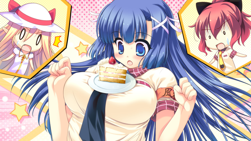 3girls, blonde_hair, blue_eyes, blue_hair, cake, colorful_cure, etoiles, food
