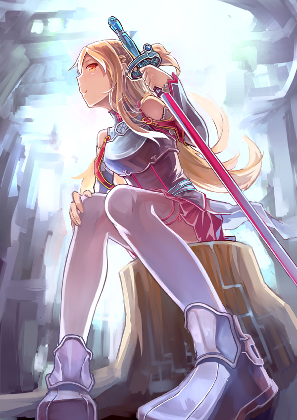 asuna_(sao), breastplate, brown_hair, from_below, jiaoshouxingfa, long_hair, sitting, skirt