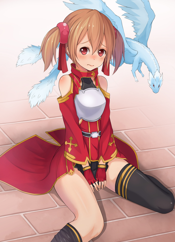 3:, black_legwear, blush, breastplate, brown_hair, fingerless_gloves, gloves, looking_at_viewer