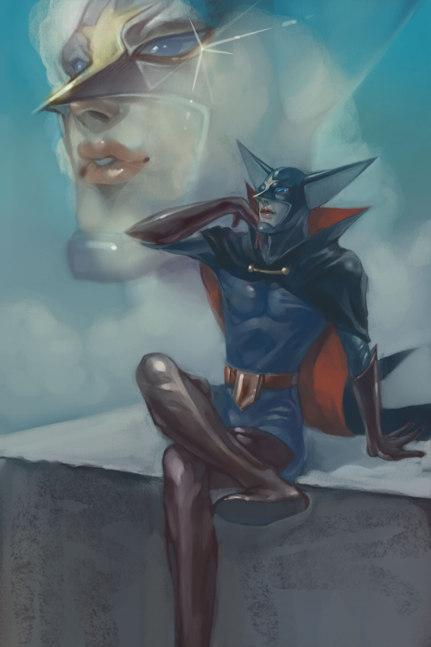 androgynous, berg_katse, boots, cape, clown0248, crossed_legs, gatchaman, glint, gloves, helmet, highres, legs_crossed, lips, oldschool, sitting, solo, thigh-highs, thigh_boots, thighhighs, zoom_layer