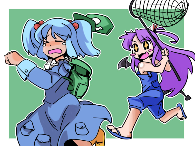 >:3, 2girls, :3, backpack, bag, blush_stickers, closed_eyes, crossover, demon_tail, demon_wings, eyes_closed, fang, hair_bobbles, hair_ornament, hat, hat_removed, headwear_removed, horns, kawashiro_nitori, long_hair, long_sleeves, multiple_girls, net, open_mouth, ponytail, purple_hair, running, sandals, sengoku_collection, short_hair, simple_background, suspenders, tail, tears, touhou, tsukahara_bokuden, tsukahara_bokuden_(sengoku_collection), twintails, wavy_mouth, wings, zassou_maruko
