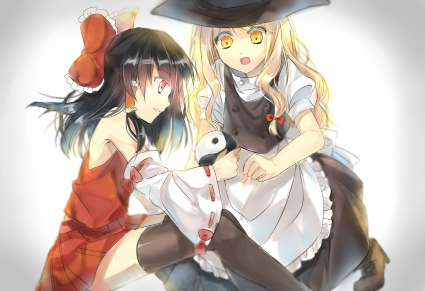 apron, black_hair, black_legwear, blonde_hair, bow, detached_sleeves, hair_bow, hair_tubes