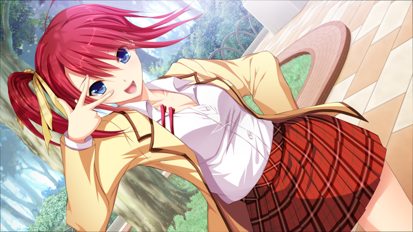 akino_subaru, blazer, blue_eyes, breasts, cleavage, dress_shirt, game_cg, hair_ornament