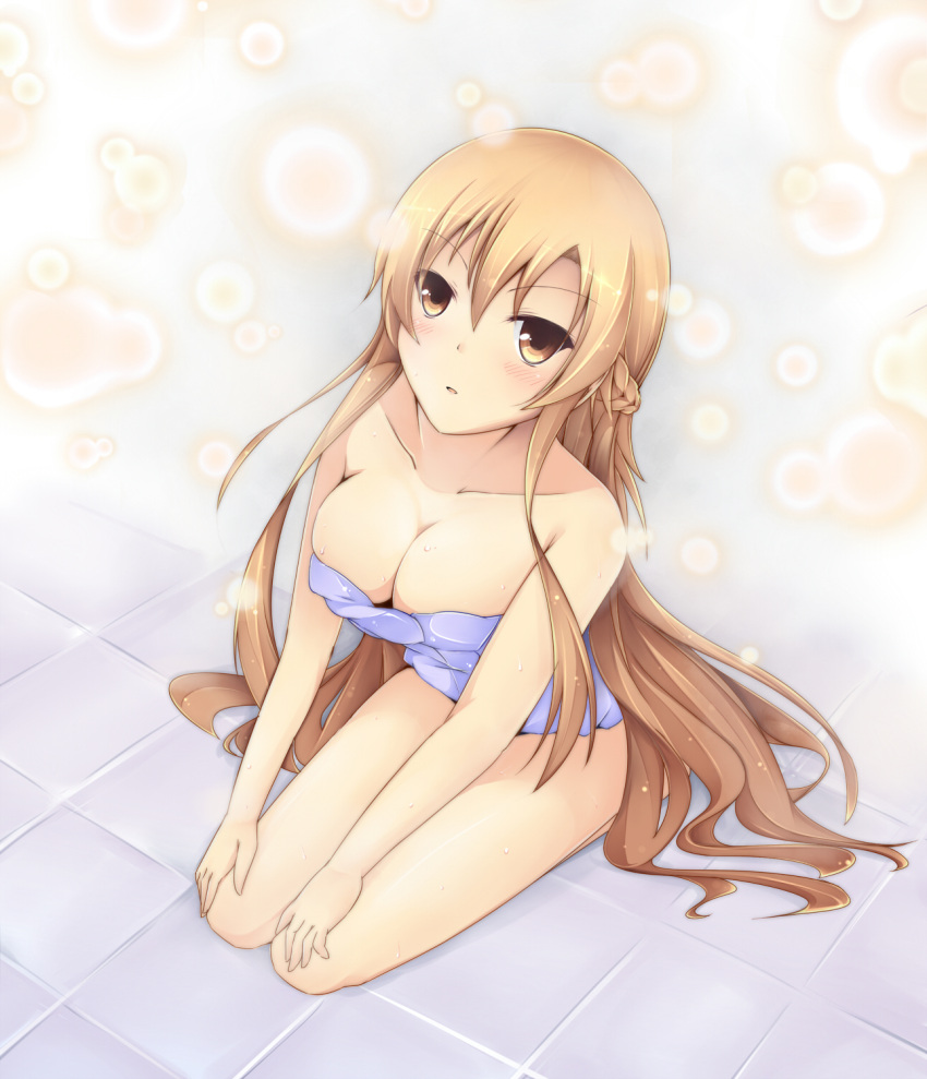 asuna_(sao), bare_shoulders, blush, breasts, brown_eyes, brown_hair, chiyami, down_blouse
