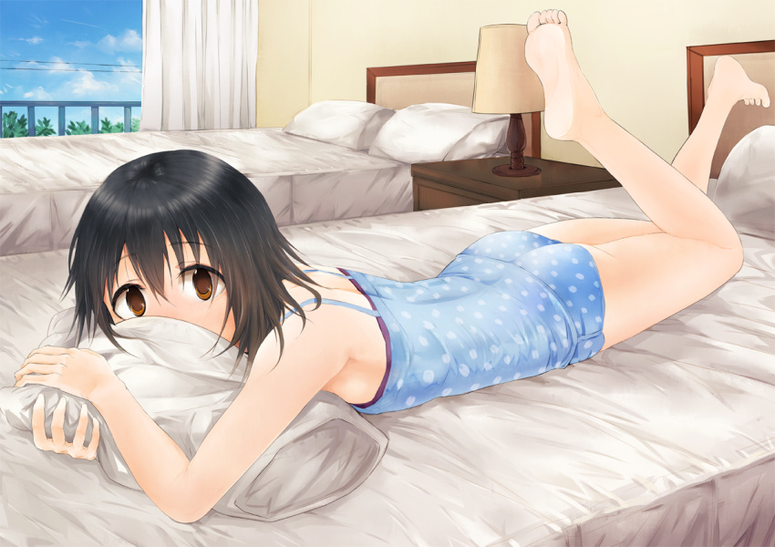 1girl, barefoot, bed, black_hair, brown_eyes, covering_mouth, feet, hotel_room