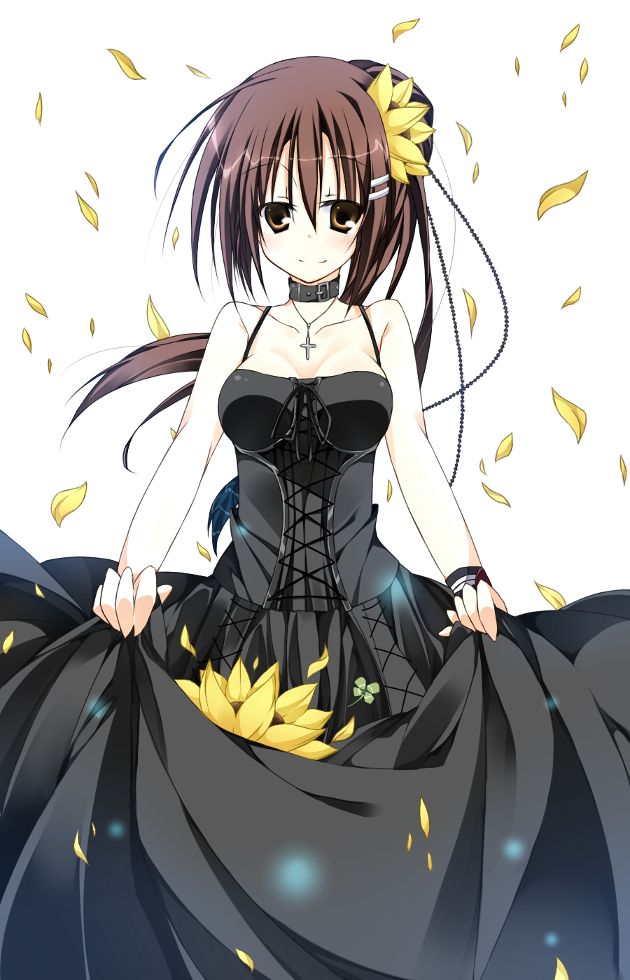 brown_eyes, brown_hair, collar, dress, flower, hair_ornament, highres, minakami_yuki