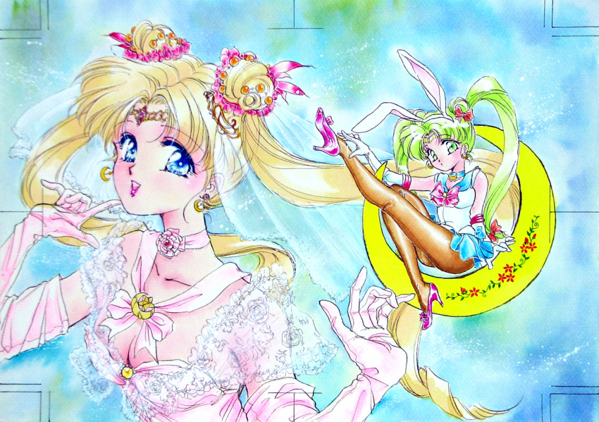 1girl, 2girls, 90s, :d, alternate_eye_color, animal_ears, bishoujo_senshi_sailor_moon, blonde_hair