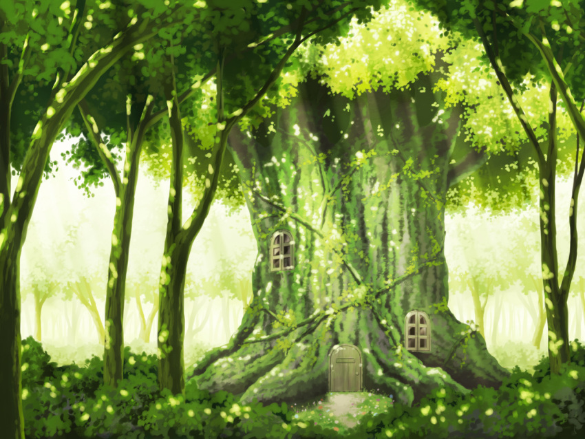 bush, door, forest, grass, light, nature, no_humans, scenery, sunlight, touhou, tree, tree_house, treehouse, window