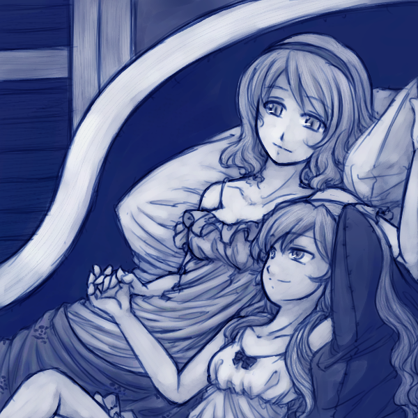 alice_margatroid, blue, chemise, hairband, hand_holding, holding_hands, kirisame_marisa, monochrome