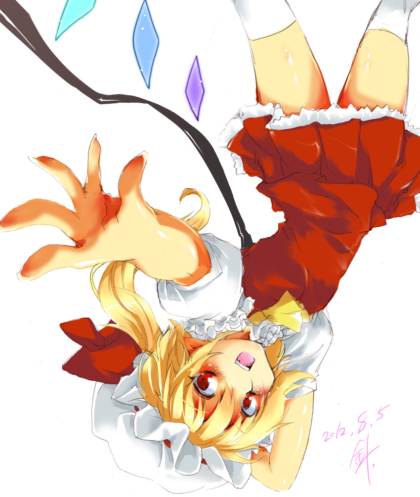 absurdres, arm_behind_head, ascot, blonde_hair, blue, dated, fang, flandre_scarlet