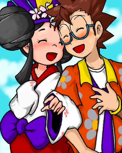 1boy, 1girl, black_hair, blush, brown_hair, captain_rainbow, closed_eyes, couple, eyes_closed, glasses, hair_ornament, hikari_(captain_rainbow), locked_arms, nakawaga_rui, nick_(captain_rainbow), open_mouth, payot, short_hair, smile