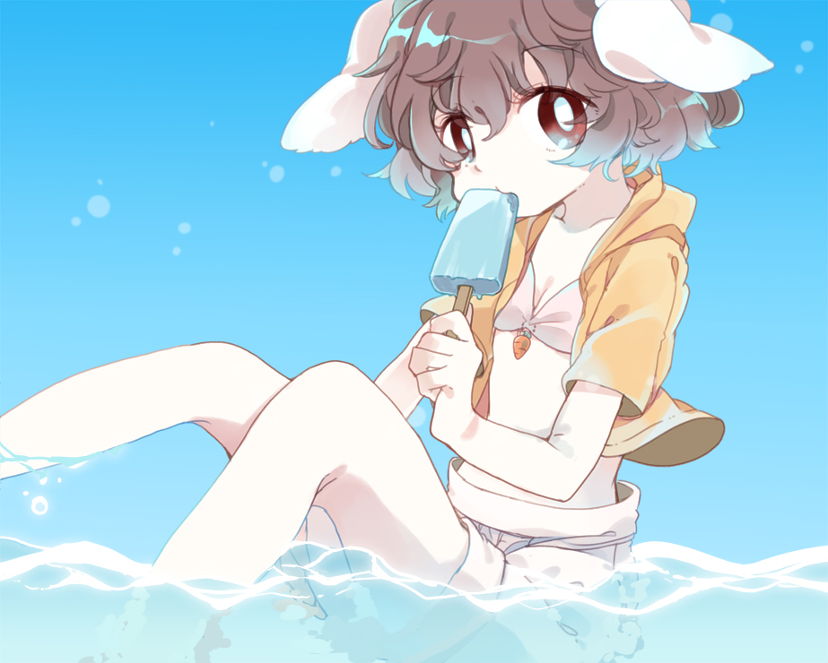 animal_ears, bikini, black_hair, blush, bunny_ears, carrot, chachi_(azuzu), hoodie