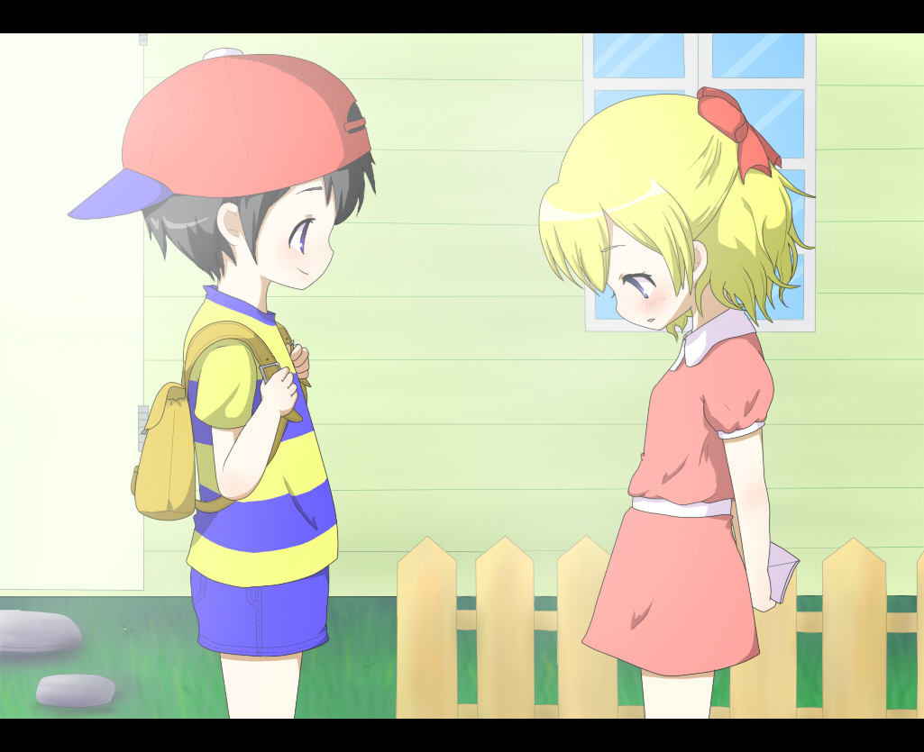 1boy, 1girl, ape_(company), bag, black_hair, blonde_hair, bow, child, couple, cute, hair_bow, hal_laboratory_inc., love, mother_(game), mother_2, ness, nintendo, paula_polestar, pikanchu, shirt, striped, striped_shirt