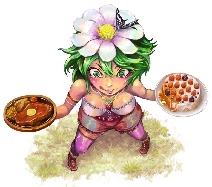 breasts, butterfly, cake, cleavage, crazy_eyes, flower, food, from_above, fruit, green_eyes, green_hair, hair_flower, hair_ornament, pastry, pixiv, pixiv_fantasia, pixiv_fantasia_3, plate, shibairo, short_hair, steak, strawberry, thigh-highs, thighhighs, tongue