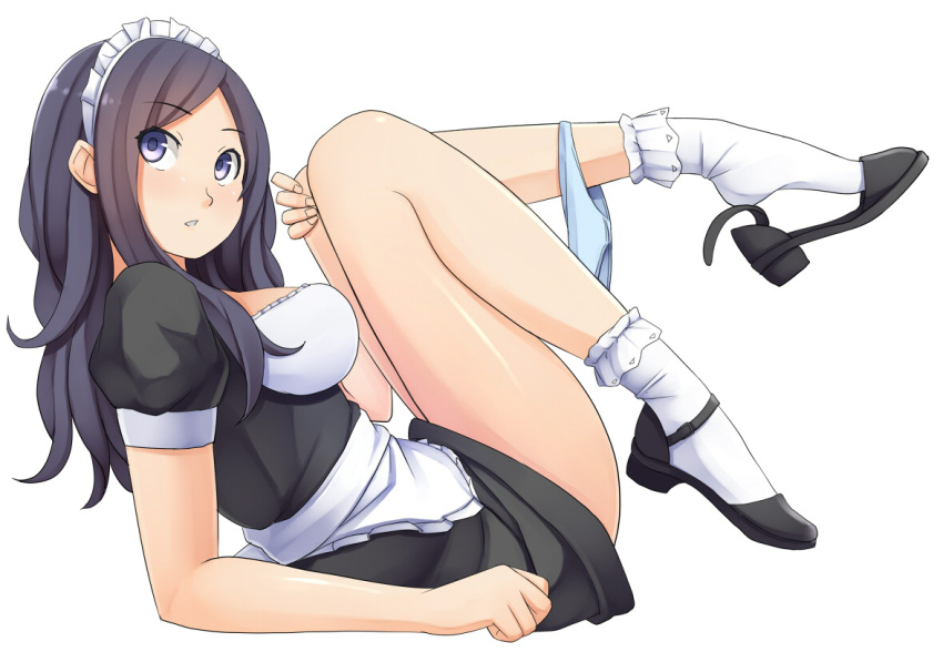 blue_eyes, blush, feet, legs, long_hair, looking_up, maid, maid_headdress