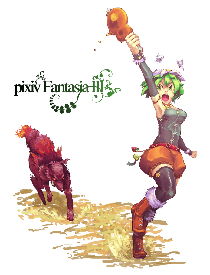 belt, boned_meat, boots, butterfly, detached_sleeves, flower, food, green_eyes