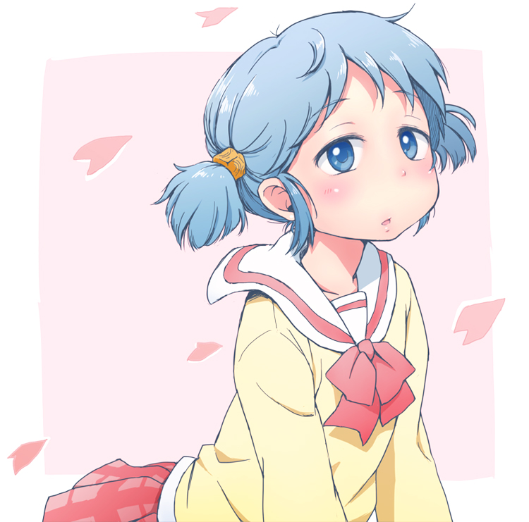 blue_hair, blush, cherry_blossoms, hair_cubes, hair_ornament, mochimomomo, naganohara_mio, nichijou, school_uniform, short_hair, short_twintails, skirt, twintails