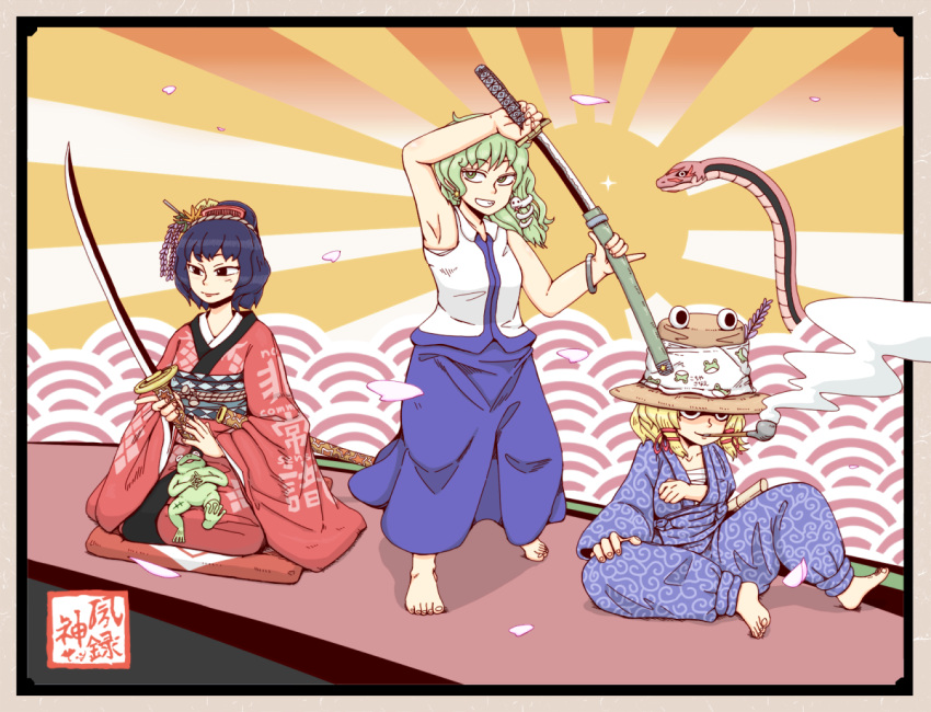 armpits, barefoot, cloud, clouds, frog, hair_ornament, hat, japanese_clothes