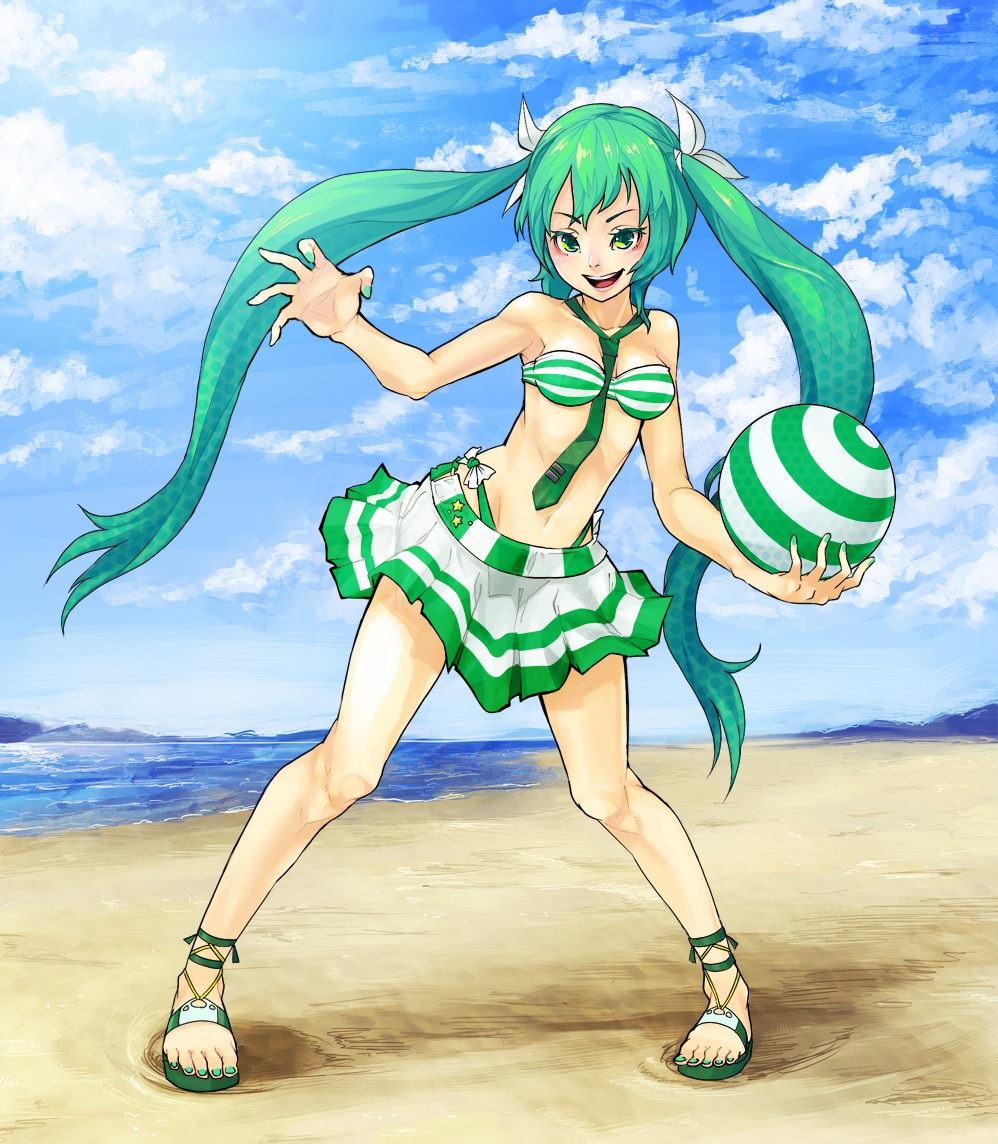beach, beachball, bikini_top, cloud, clouds, green_eyes, green_hair, hair_ribbon