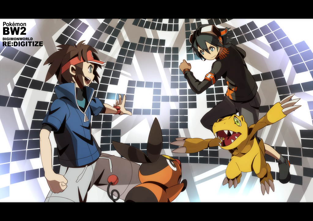2boys, agumon, blue_eyes, blue_hair, brown_hair, crossover, digimon, digimon_world_re:digitize, epic, goggles, hajime_(hajime-ill-1st), kyouhei_(pokemon), male, multiple_boys, pokemon, pokemon_(creature), pokemon_(game), pokemon_bw2, sweater, taiga_(digimon), tepig, visor_cap, watch, wristwatch