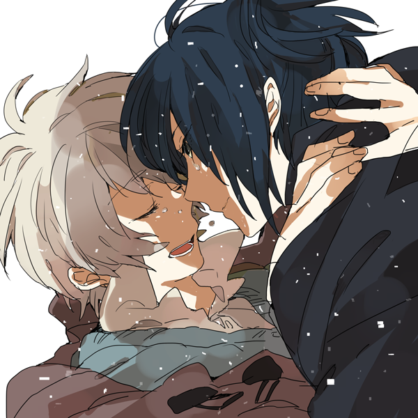 black_hair, camelot, closed_eyes, coat, eyes_closed, hug, jacket, male, multiple_boys, nezumi_(no.6), no.6, open_mouth, scarf, shion_(no.6), short_hair, short_ponytail, tears, white_hair, yaoi