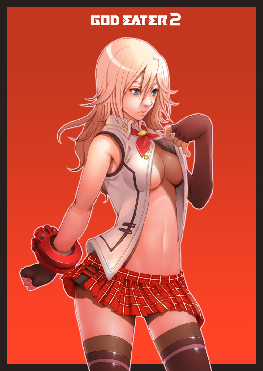 alisa_ilinichina_amiella, bare_shoulders, blue_eyes, breasts, brown_hair, elbow_gloves, fingerless_gloves, gloves