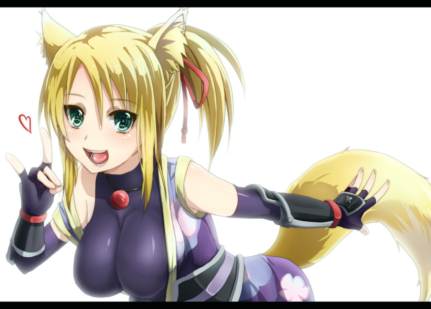 \m/, animal_ears, aqua_eyes, blonde_hair, breasts, dog_days, fingerless_gloves, fox_ears