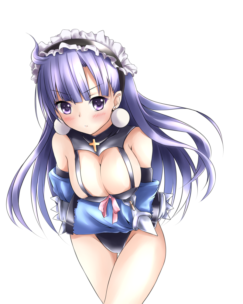 blush, breast_hold, breasts, cleavage, cross, dark_eclair, earrings, hairband
