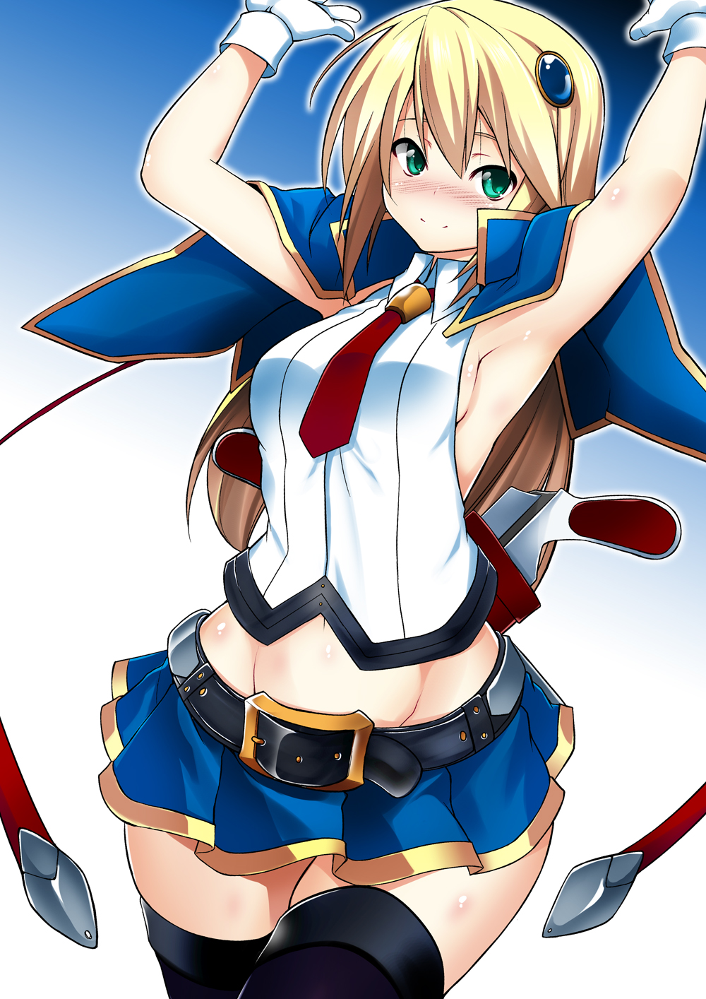 armpits, arms_up, bare_shoulders, belt, black_legwear, blazblue, blazblue:_chrono_phantasma, blonde_hair
