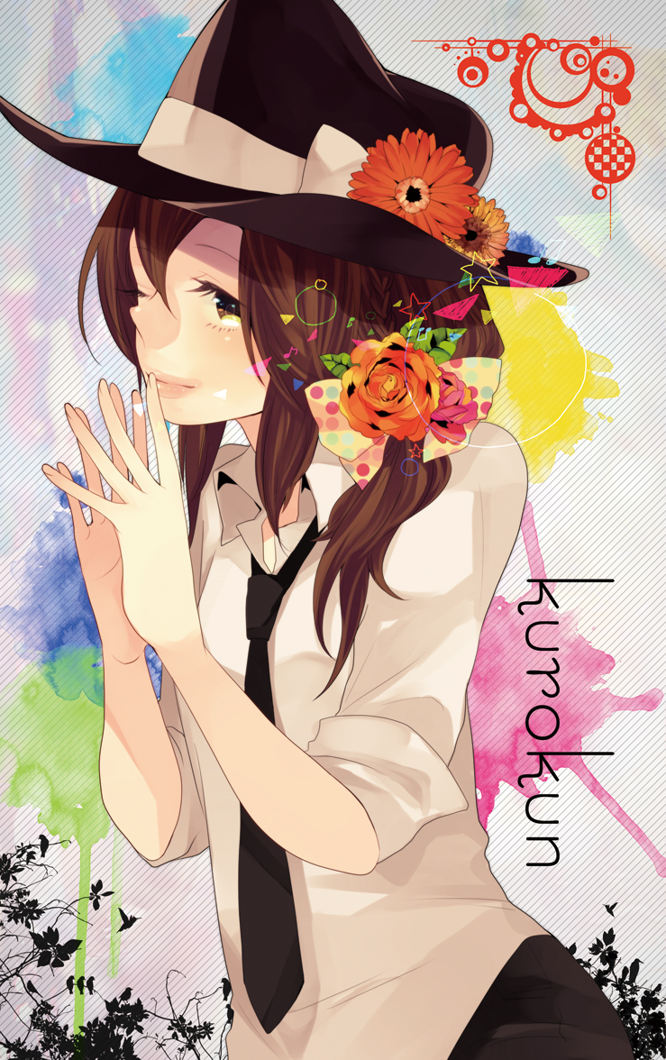 brown_eyes, brown_hair, character_request, dress_shirt, flower, hat, kurokun_(nico_nico_douga), long_hair