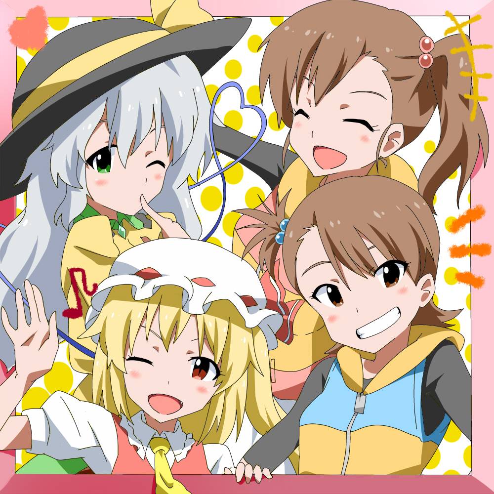 4girls, blonde_hair, brown_eyes, brown_hair, closed_eyes, crossover, eyes_closed, fang