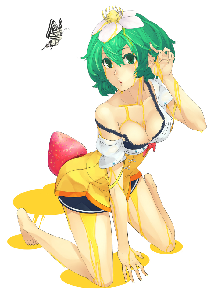 bra, breasts, cleavage, feet, flower, food, fruit, green_eyes