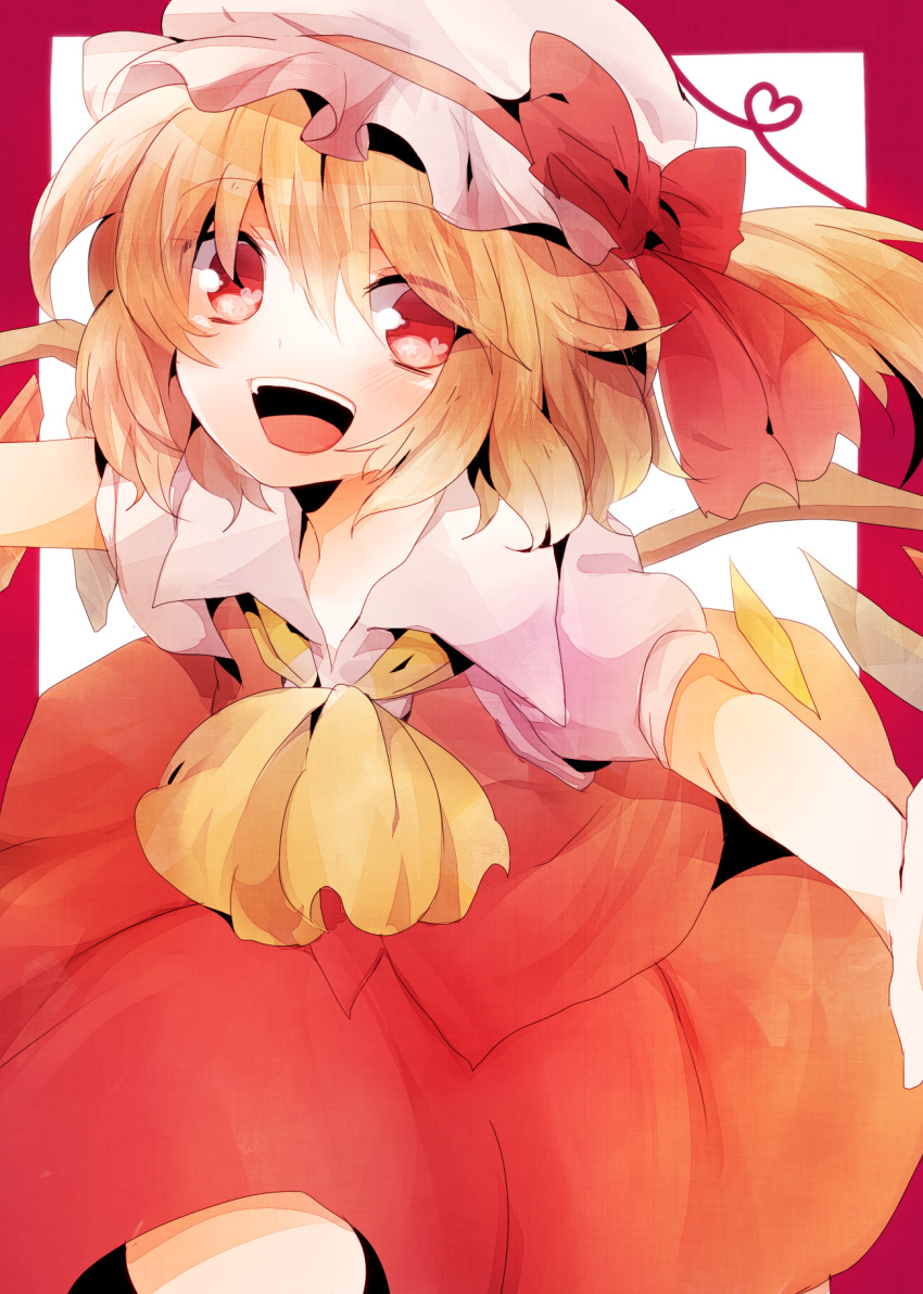 blonde_hair, blush, bow, flandre_scarlet, hair_bow, hat, highres, kosugi_nozomu, open_mouth, outstretched_arms, puffy_sleeves, red_eyes, short_hair, short_sleeves, side_ponytail, solo, touhou