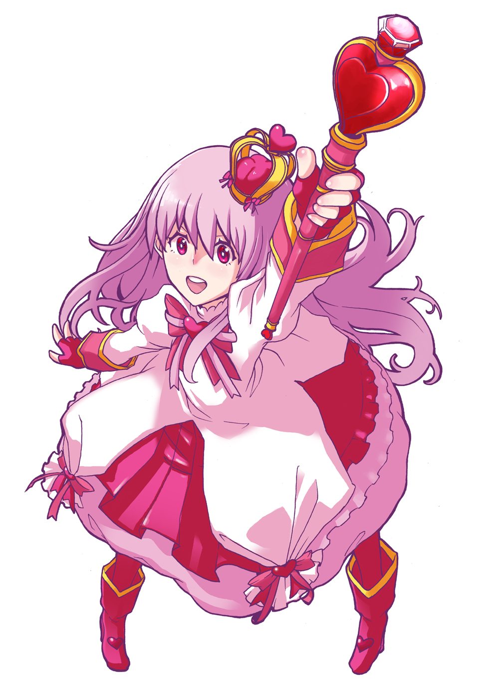 arm_up, blush, boots, crown, dress, fingerless_gloves, gloves, highres, lamp_studio, long_hair, magical_girl, open_mouth, original, pink_eyes, pink_hair, smile, solo, un4lord, wand